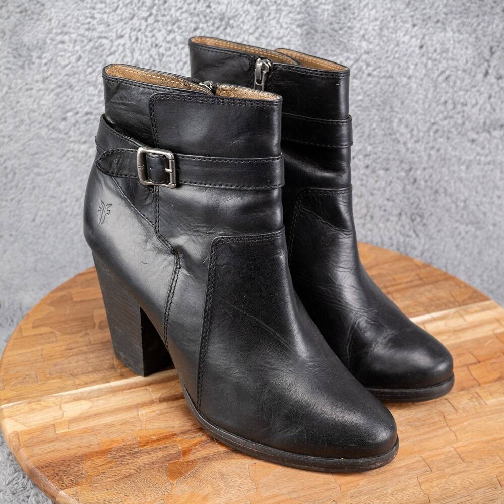 Frye Black Leather Heeled Boots with Buckle